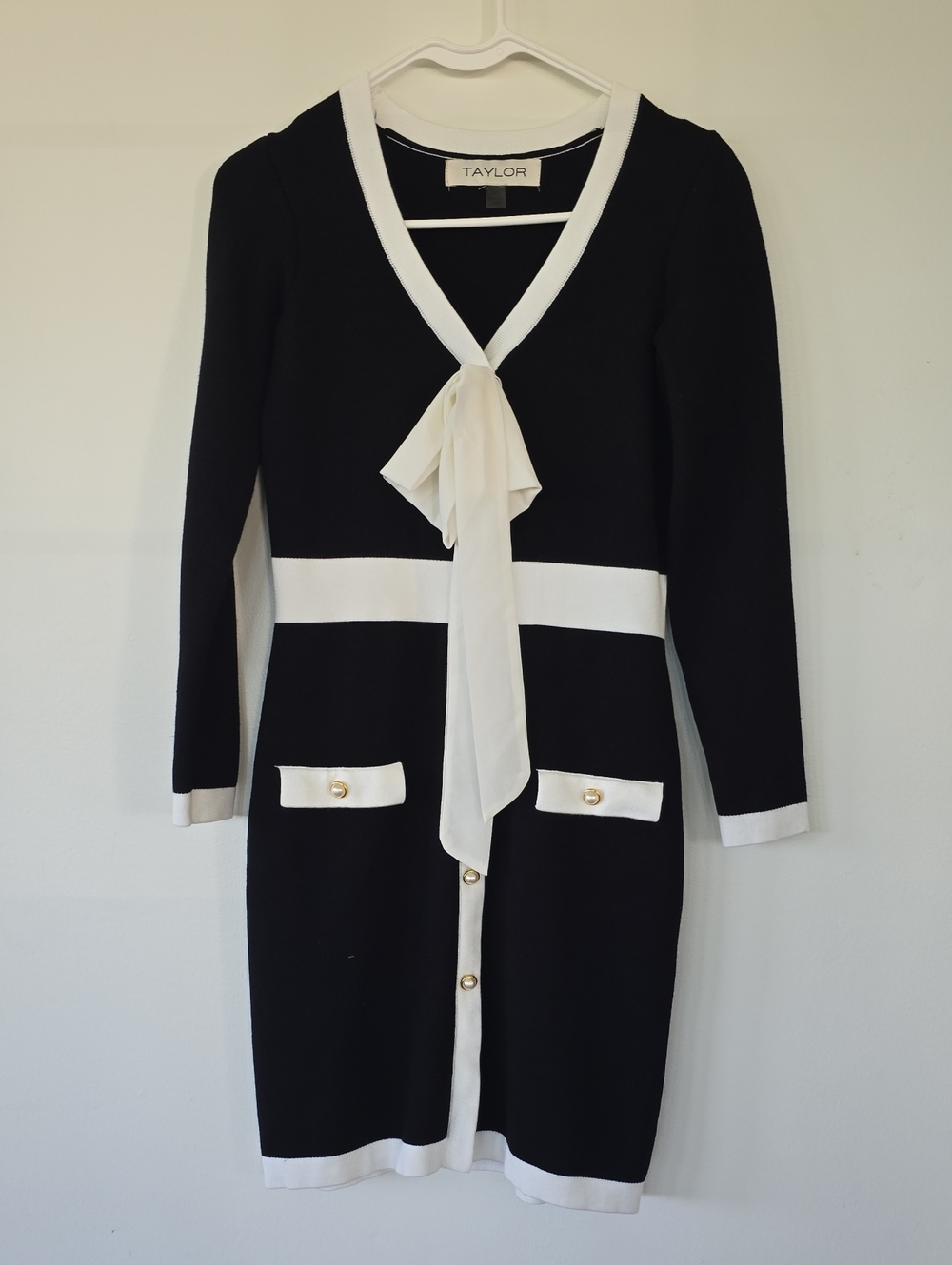 Taylor Black and White Tie-Neck Midi Dress